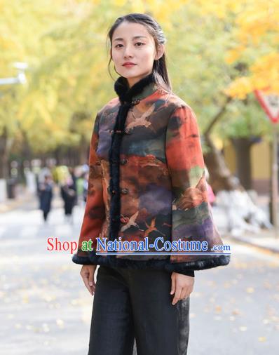 China Tang Suit Printing Overcoat Traditional Cotton Wadded Jacket National Woman Outer Garment Clothing