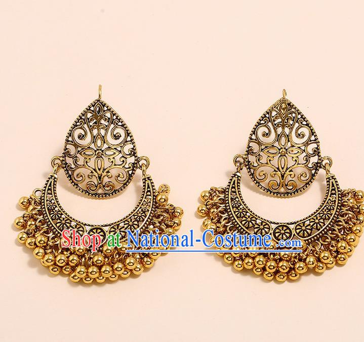 India Bollywood Folk Dance Ear Accessories Asian Indian Stage Performance Golden Bells Earrings