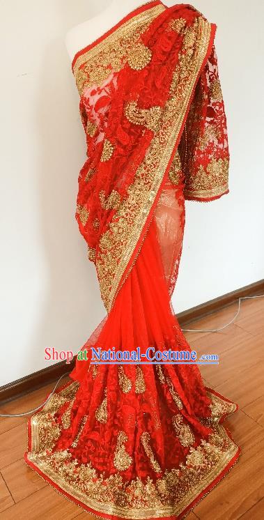 Asian India Stage Performance Embroidered Red Sari Dress Indian Traditional Female Costume