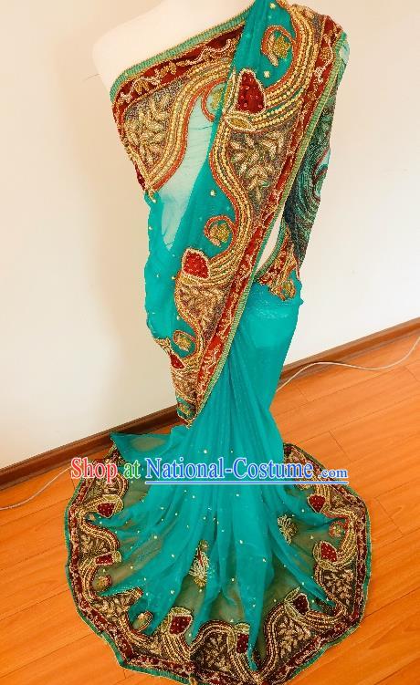 Asian India Embroidered Blue Sari Dress Indian Traditional Female Stage Performance Costume