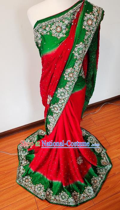 Asian India Red and Green Sari Dress Indian Traditional Folk Dance Costume