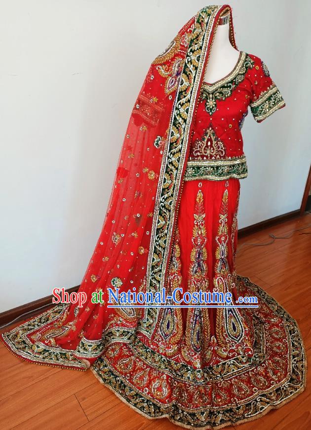 Indian Traditional Wedding Lehenga Costume Asian India Noble Woman Embroidered Red Dress Outfits