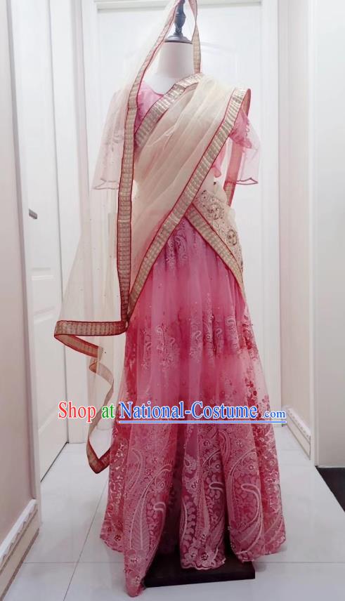 Asian India Stage Performance Pink Dress Outfits Indian Traditional Folk Dance Lehenga Costumes