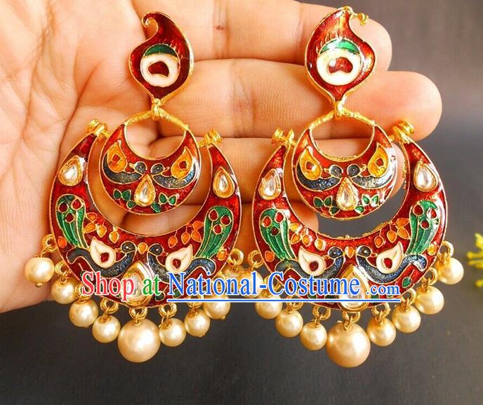 India Bollywood Folk Dance Cloisonne Red Ear Accessories Asian Indian Stage Performance Earrings