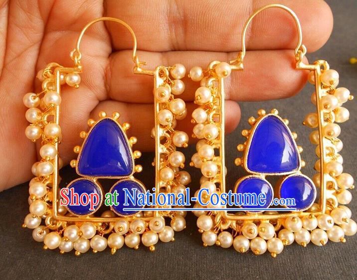 Asian Indian Stage Performance Blue Earrings India Folk Dance Pearls Ear Accessories