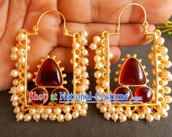 Asian Indian Bollywood Performance Pearls Earrings India Folk Dance Garnet Ear Accessories