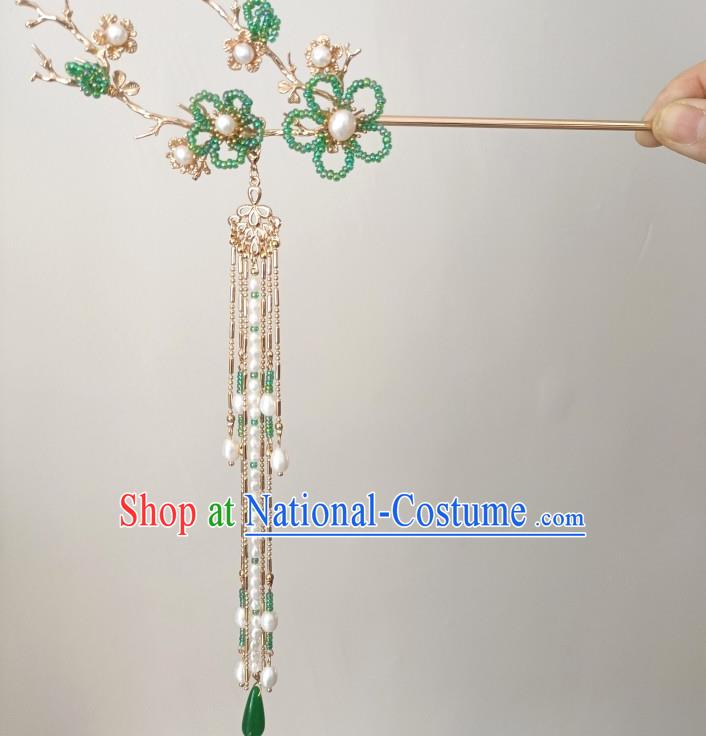 China Traditional Hanfu Hair Accessories Ancient Princess Green Beads Plum Tassel Hairpin