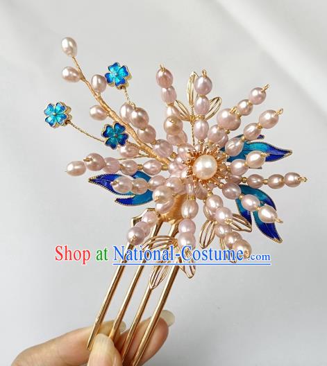 China Ancient Court Lady Pearls Hairpin Traditional Ming Dynasty Cloisonne Hair Stick