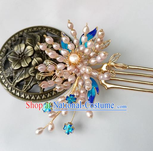 China Ancient Court Lady Pearls Hairpin Traditional Ming Dynasty Cloisonne Hair Stick