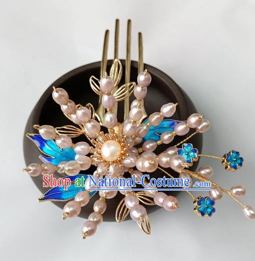 China Ancient Court Lady Pearls Hairpin Traditional Ming Dynasty Cloisonne Hair Stick