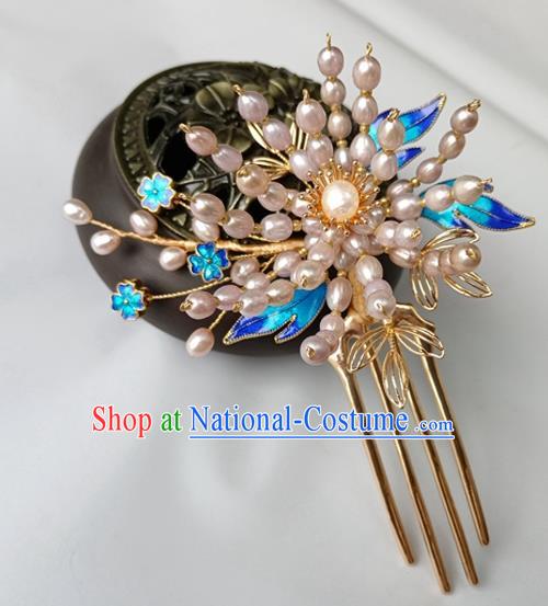 China Ancient Court Lady Pearls Hairpin Traditional Ming Dynasty Cloisonne Hair Stick