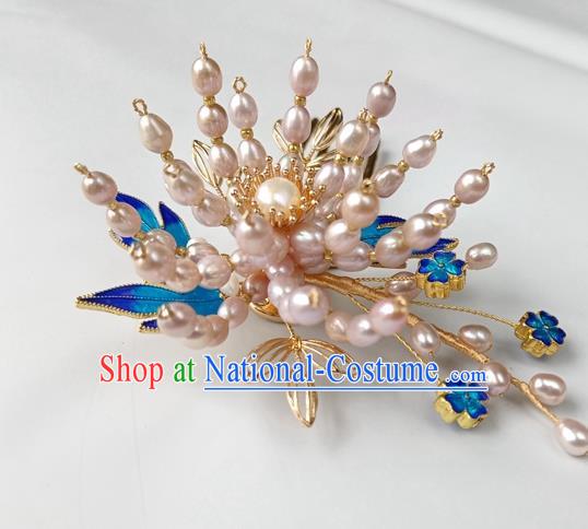 China Ancient Court Lady Pearls Hairpin Traditional Ming Dynasty Cloisonne Hair Stick