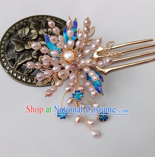 China Ancient Court Lady Pearls Hairpin Traditional Ming Dynasty Cloisonne Hair Stick