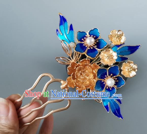 China Ancient Empress Golden Peony Hairpin Traditional Ming Dynasty Cloisonne Plum Blossom Hair Comb