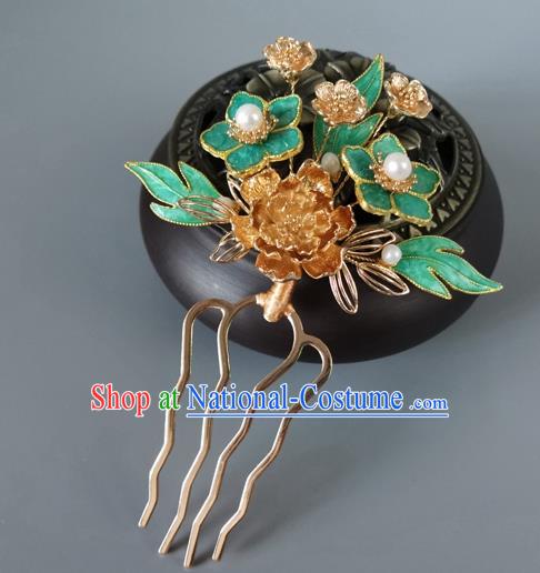 China Ancient Princess Green Plum Hairpin Traditional Ming Dynasty Golden Peony Hair Comb