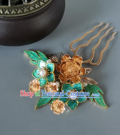 China Ancient Princess Green Plum Hairpin Traditional Ming Dynasty Golden Peony Hair Comb