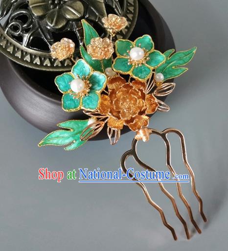 China Ancient Princess Green Plum Hairpin Traditional Ming Dynasty Golden Peony Hair Comb