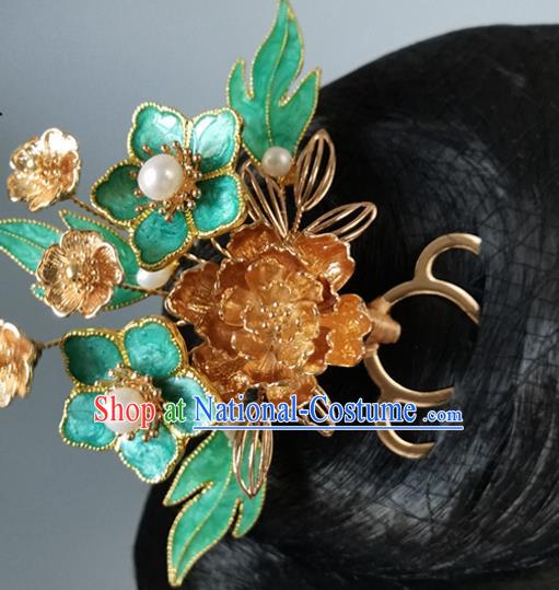 China Ancient Princess Green Plum Hairpin Traditional Ming Dynasty Golden Peony Hair Comb