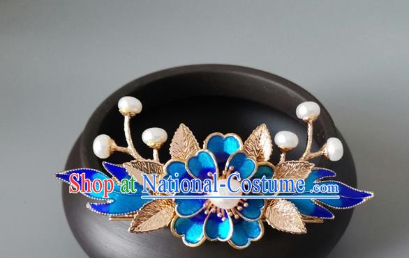 China Ancient Princess Hairpin Traditional Ming Dynasty Blue Peony Hair Crown