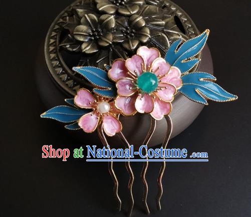 China Ancient Young Lady Hairpin Traditional Ming Dynasty Cloisonne Pink Peony Hair Comb