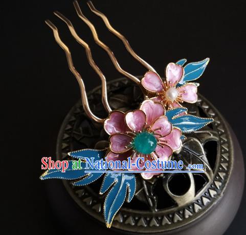 China Ancient Young Lady Hairpin Traditional Ming Dynasty Cloisonne Pink Peony Hair Comb