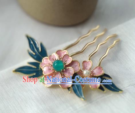 China Ancient Young Lady Hairpin Traditional Ming Dynasty Cloisonne Pink Peony Hair Comb