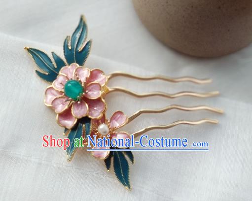 China Ancient Young Lady Hairpin Traditional Ming Dynasty Cloisonne Pink Peony Hair Comb