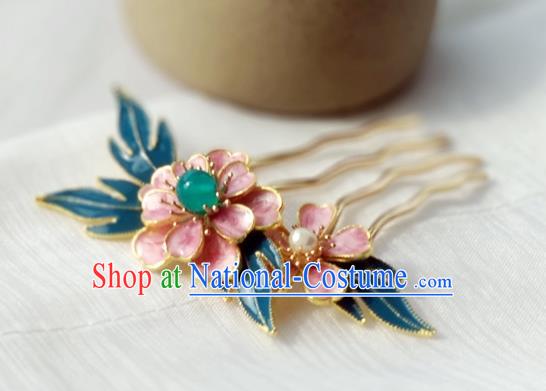 China Ancient Young Lady Hairpin Traditional Ming Dynasty Cloisonne Pink Peony Hair Comb