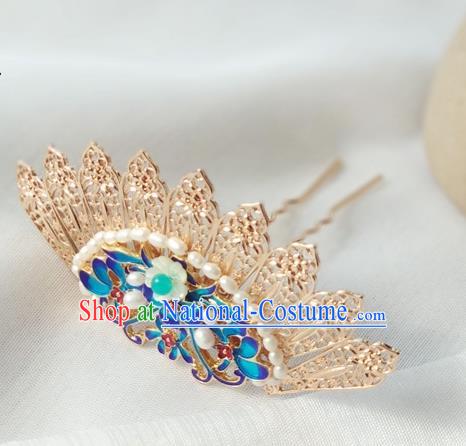 China Ancient Noble Woman Hairpin Traditional Ming Dynasty Cloisonne Pearls Hair Crown