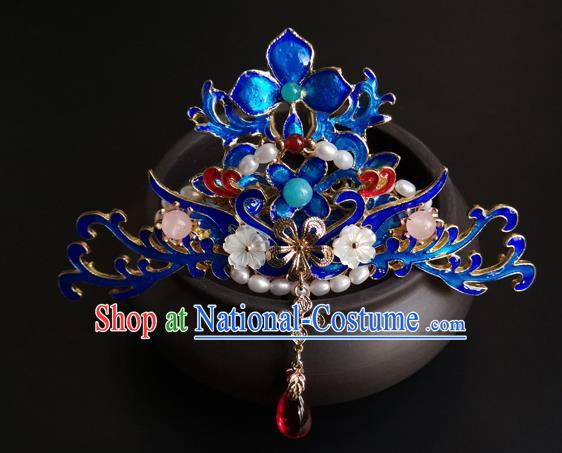 China Ancient Court Woman Tassel Hairpin Traditional Ming Dynasty Blueing Hair Crown