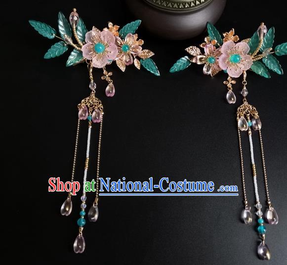 China Ancient Princess Pink Plum Hairpin Traditional Ming Dynasty Beads Tassel Hair Claw