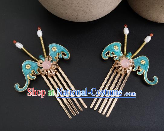 China Ancient Court Maid Hairpin Traditional Ming Dynasty Palace Blue Bat Hair Combs