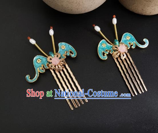 China Ancient Court Maid Hairpin Traditional Ming Dynasty Palace Blue Bat Hair Combs