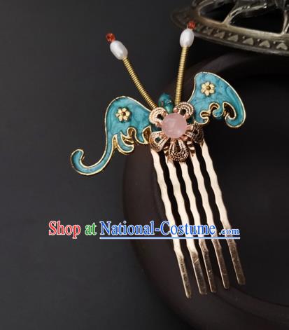 China Ancient Court Maid Hairpin Traditional Ming Dynasty Palace Blue Bat Hair Combs