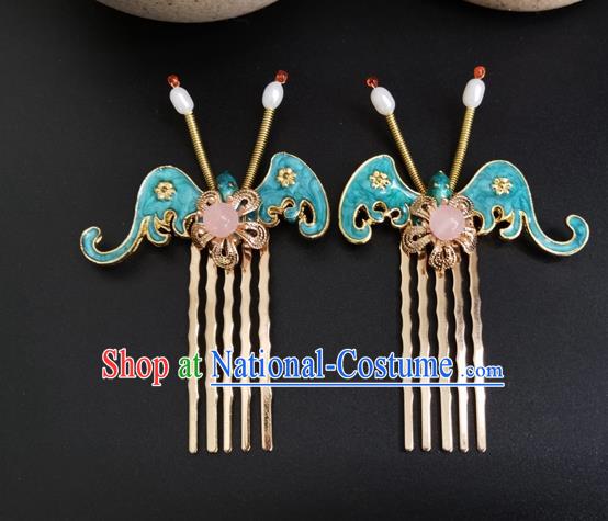 China Ancient Court Maid Hairpin Traditional Ming Dynasty Palace Blue Bat Hair Combs