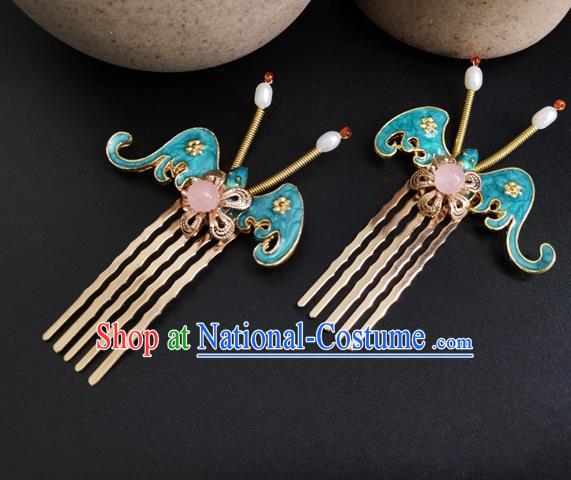 China Ancient Court Maid Hairpin Traditional Ming Dynasty Palace Blue Bat Hair Combs