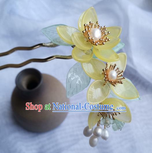 China Ancient Princess Yellow Lotus Hairpin Traditional Song Dynasty Pearls Hair Stick