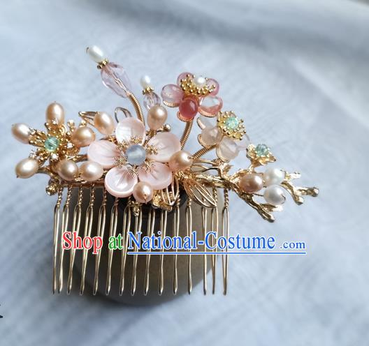 China Ancient Princess Pink Shell Plum Hairpin Traditional Song Dynasty Pearls Hair Comb