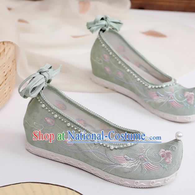 China Traditional Pearls Hanfu Shoes Embroidered Phoenix Shoes Handmade National Green Cloth Shoes