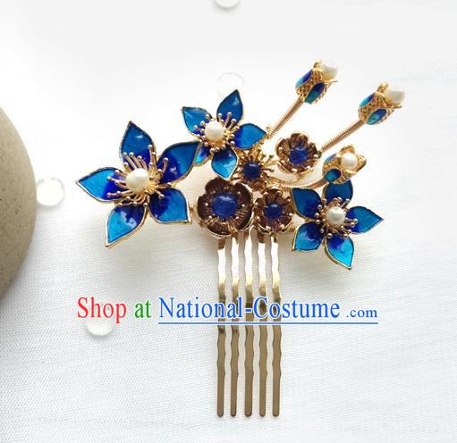 China Ancient Princess Pearls Hairpin Traditional Ming Dynasty Cloisonne Peach Blossom Hair Comb