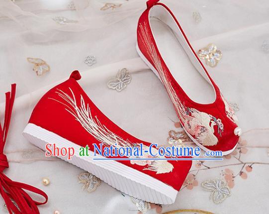 China National Embroidered Phoenix Shoes Traditional Red Cloth Shoes Handmade Ancient Princess Shoes