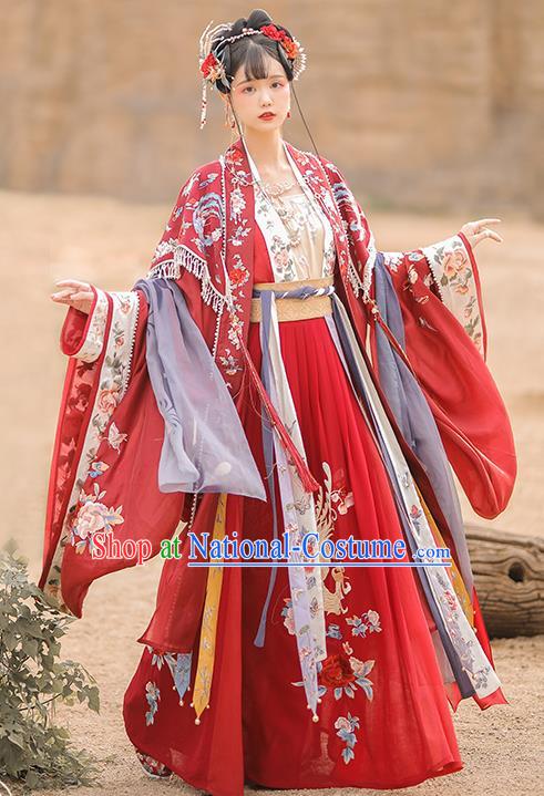 Traditional China Song Dynasty Wedding Historical Clothing Ancient Royal Princess Red Hanfu Dress Complete Set