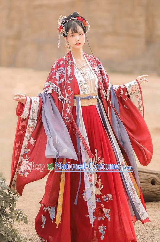 Traditional China Song Dynasty Wedding Historical Clothing Ancient Royal Princess Red Hanfu Dress Complete Set