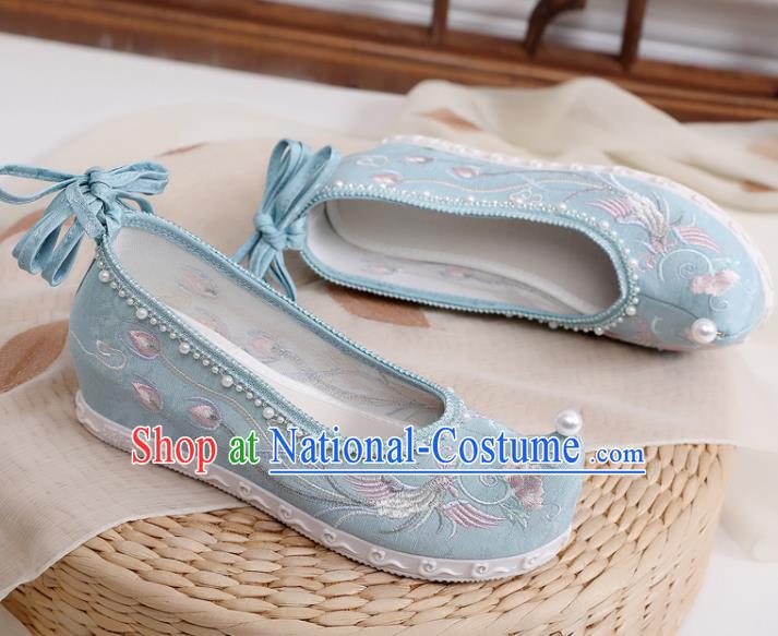 China Handmade National Light Blue Cloth Shoes Traditional Ming Dynasty Hanfu Shoes Embroidered Phoenix Pearls Shoes