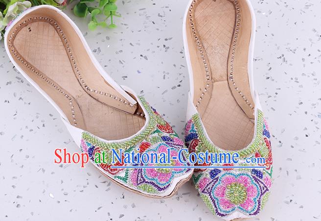 Asian Traditional Wedding White Leather Shoes Indian Folk Dance Shoes Handmade Embroidery Beads Shoes