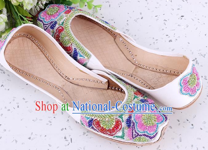 Asian Traditional Wedding White Leather Shoes Indian Folk Dance Shoes Handmade Embroidery Beads Shoes