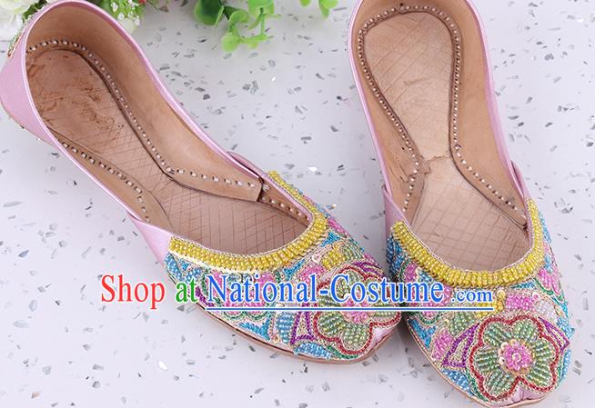 Indian Handmade Embroidery Beads Flowers Shoes Asian Traditional Wedding Pink Leather Shoes Folk Dance Shoes