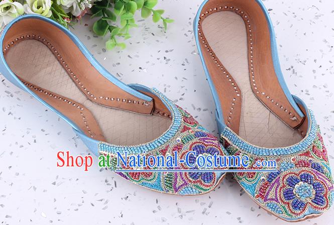 Indian Folk Dance Shoes Handmade Embroidery Beads Flowers Shoes Asian Traditional Court Blue Leather Shoes