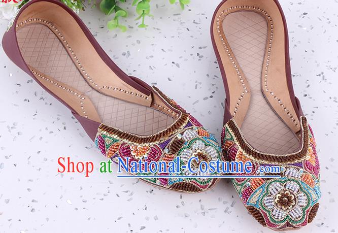 Asian Handmade Embroidery Beads Wine Red Shoes Traditional Court Leather Shoes Indian Folk Dance Shoes