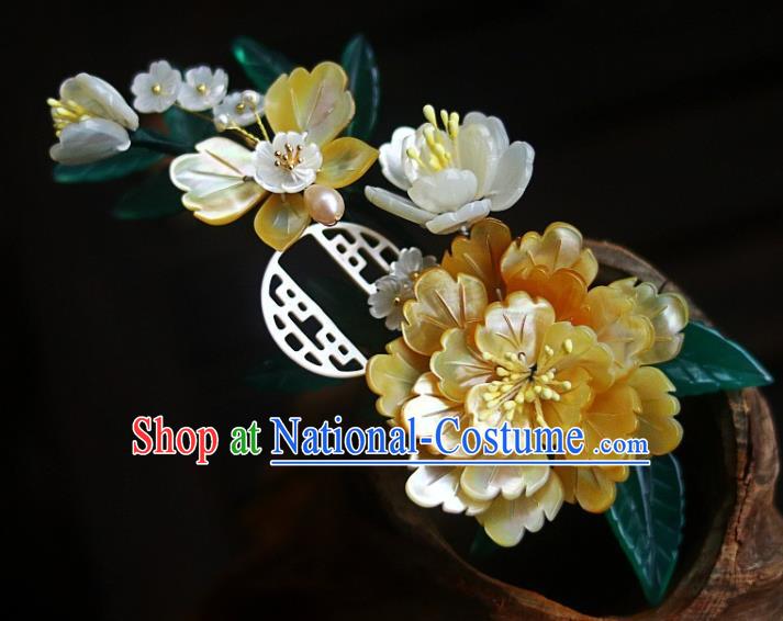 Chinese Ancient Palace Lady Hairpin Traditional Ming Dynasty Court Yellow Shell Peony Hair Stick